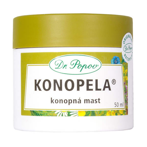 Dr. Popov KONOPELA konopná masť 50ml 50ml téglik Dr. Popov KONOPELA konopná masť so zeleným viečkom a etiketou s kvetmi a logom.