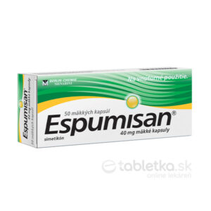 Krabička Espumisan 40 mg, 50 kapsúl, obsahuje mäkké kapsuly so simetikonom na tráviace ťažkosti.