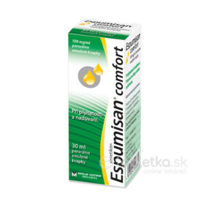 Krabička Espumisan comfort kvapky 30ml pre dojčatá na nadúvanie, obal obsahuje text a údaje o dávkovaní.