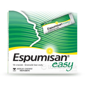 Espumisan easy 14 vreciek, zeleno-biele balenie s grafikou citrónu, prípravok na podporu trávenia, Berlin-Chemie Menarini.