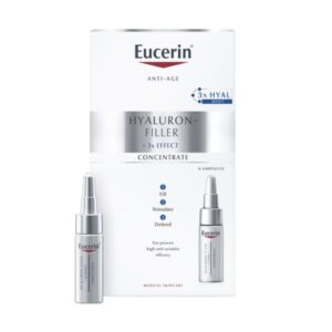 Balenie Eucerin Hyaluron-Filler + 3xEFFECT Sérum proti vráskam 6x5 ml, jedna ampulka mimo krabičky, označené pre anti-age účinok.
