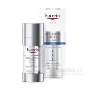 Eucerin Hyaluron-Filler + 3xEFFECT nočné sérum 30ml je pred škatuľou s popisom anti-age starostlivosti s hyalurónom.
