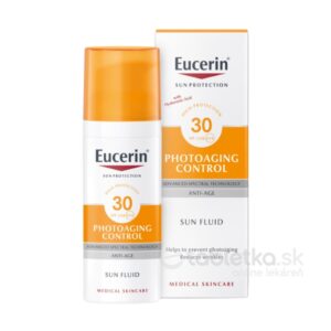 Fľaša a škatuľka 50 ml Eucerin Sun Photoaging Control SPF30, opaľovacia emulzia na tvár v bielo-oranžovom obale.