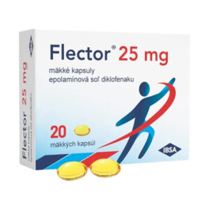 Balenie Flector 25 mg mäkké kapsuly so slovenským textom a dvoma žltými kapsulami pred obalom.
