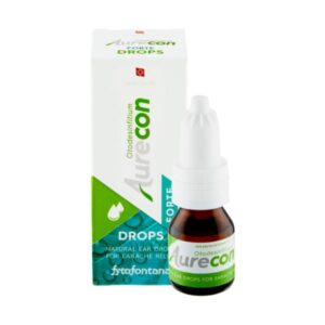 Fľaša Fytofontana AURECON DROPS ušné kvapky Forte 10 ml je umiestnená pred svojou krabičkou.