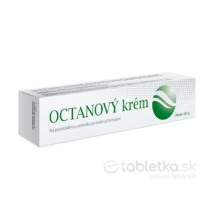Obdĺžniková škatuľa s nápisom HERBACOS OCTANOVÝ krém 100g, zelený text a logo, určená na podráždenú pokožku po bodnutí hmyzom.