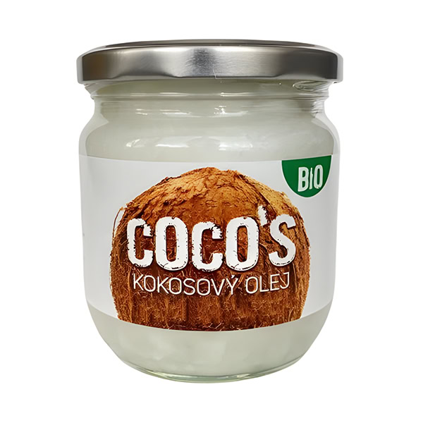 Health Link Kokosový olej BIO Sklenený pohár s kovovým viečkom s etiketou "Health Link Kokosový olej BIO Extra panenský 400ml", obrázkom kokosu a zeleným BIO symbolom, obsahuje kokosový olej.