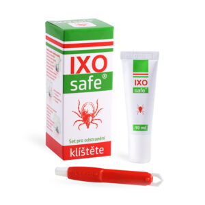 Sada IXOsafe 10 ml na odstránenie kliešťov obsahuje škatuľu, tubu a červený odstraňovač s českým textom a obrázkom kliešťa.