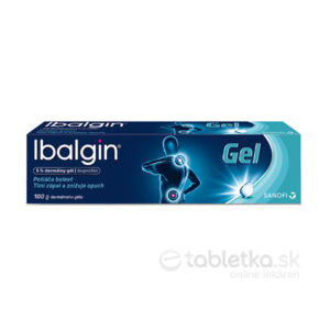 Ibalgin GEL 100g je gél s obsahom ibuprofénu, má modré balenie a na obale sú zvýraznené časti tela na lokálnu aplikáciu.