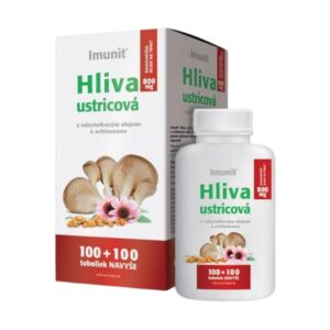 Biela fľaša a škatuľa Imunit Hliva ustricová s rakytníkom 800mg 200 kapsúl, na obale obrázky hlivy, rakytníka a echinacey.