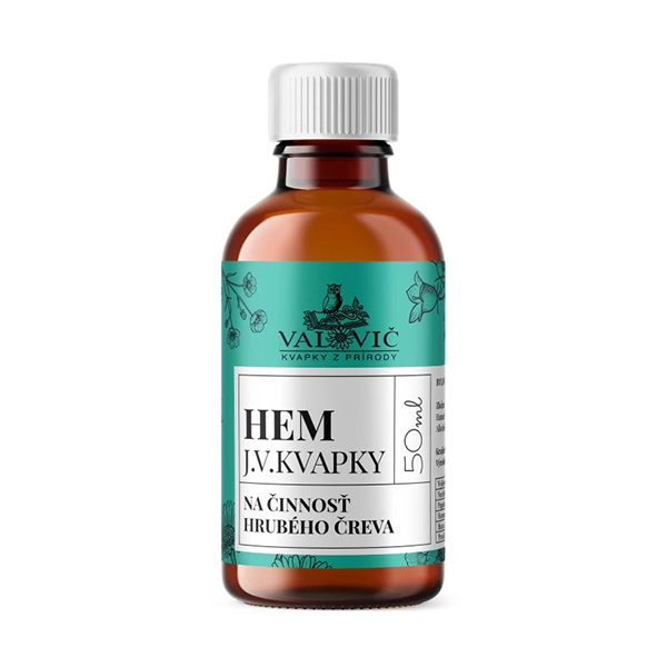 J.V. KVAPKY - HEM 50ml Hnedá sklenená fľaša J.V. KVAPKY - HEM - 50ml s tyrkysovo-bielou etiketou, takže 50 ml tekutiny na podporu čriev.