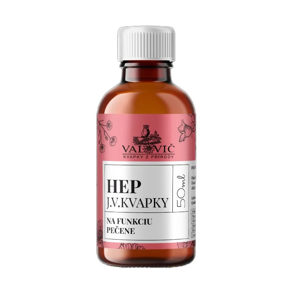 J.V. KVAPKY - HEP 50ml Hnedá sklenená fľaša s bielym vrchnákom, ružovým kvetinovým vzorom a etiketou J.V. KVAPKY - HEP - 50ml na podporu pečene.