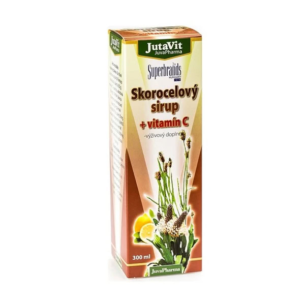 JutaVit Skorocelový sirup + vitamín C 300ml 300ml škatuľa JutaVit Skorocelový sirup + vitamín C s obrázkami skorocelu a citróna na obale.