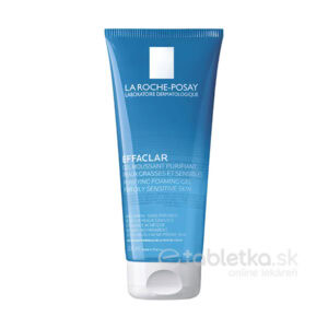 Modrá tuba LA ROCHE-POSAY EFFACLAR čistiaci gél 200 ml pre mastnú citlivú pleť, postavená vzpriamene na bielom pozadí.