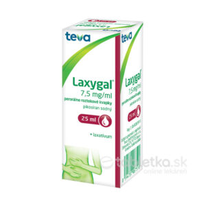 Balenie LAXYGAL perorálne kvapky 25 ml v zeleno-bielom obale Teva s grafikou osoby držiacej si brucho.