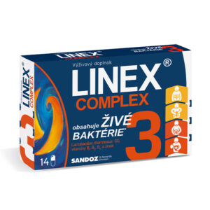 Balenie LINEX COMPLEX 14 kapsúl s popisom v slovenčine, ikonami a údajom o obsahu živých baktérií, vitamínov a zinku.