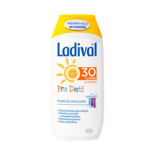Ladival PRE DETI SPF30 mlieko na ochranu proti slnku 200ml, žltý vrchnák, slnečný motív, etiketa v SK a CZ jazyku.