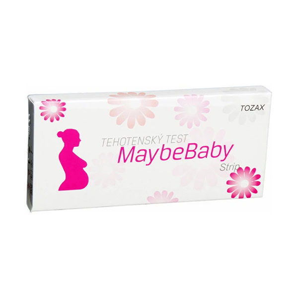 MaybeBaby strip 2v1 2 ks Biela škatuľa s nápisom MaybeBaby strip 2v1 2 ks, ružové kvety, silueta tehotnej ženy; ide o tehotenský testovací prúžok.