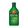 Zelená fľaša Möller´s Omega-3 Rybí olej Natural 250ml s logom, informuje o obsahu omega-3 a vitamínov A, D, E pre imunitu, mozog a srdce.