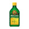 Zelená fľaša Möller´s Omega-3 rybieho oleja s citrónovou príchuťou 250 ml, etiketa s textom a nórskou vlajkou.
