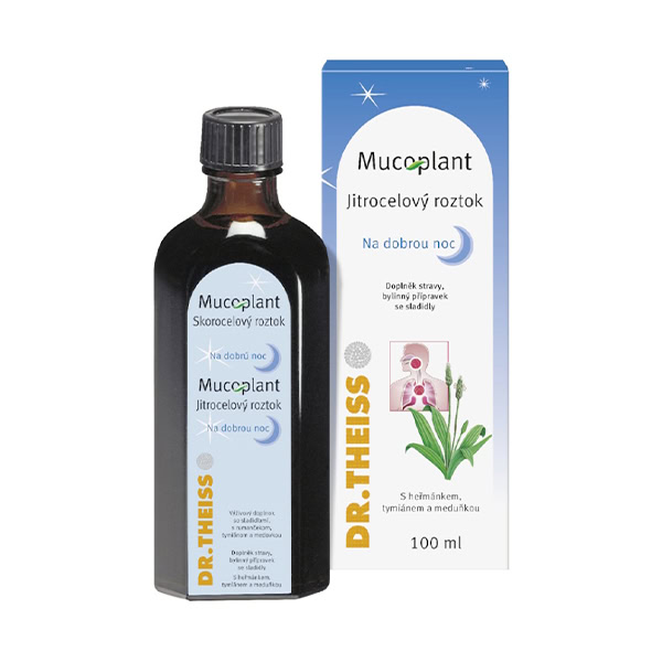 Mucoplant skorocelový sirup Na dobrú noc 100ml 100ml fľaša Mucoplant skorocelový sirup Na dobrú noc vedľa krabičky s rastlinnými motívmi a informáciami v slovenčine.