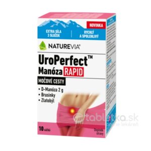 Balenie NATUREVIA UroPerfect Manóza RAPID 10 sáčkov, doplnku s D-manózou, brusnicami a zlatobyľou, ilustrované brucho ženy.