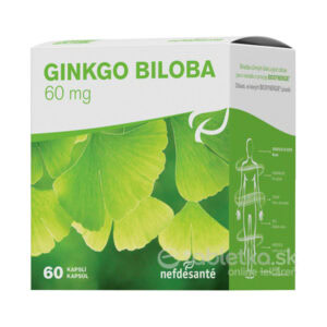 Nefdesanté Gingko Biloba 60mg, balenie so zelenými listami ginka, obsahuje 60 kapsúl v krabičke.
