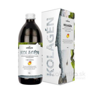 Fľaša Nefdesanté Kolagén šťava 500ml s bielou etiketou vedľa krabičky s obrázkom ryby a hlavnými informáciami o produkte.