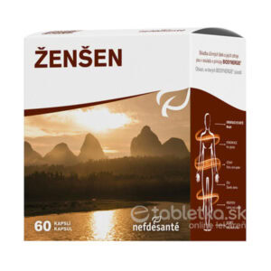 Nefdesanté Ženšen 200 mg, 60 kapsúl, doplnok výživy. Na obale sú obrázky krajiny a ľudského tela. Podpora energie.