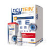 Balenie a fľaštička OCUTEIN BRILLANT Luteín 25mg 60 cps a OCUTEIN Sensitive očné kvapky 15 ml s vyobrazením oka na obale.