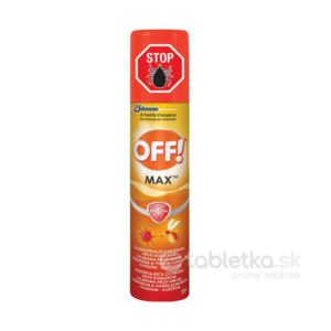 Repelent OFF! MAX, 100 ml, s červeným vrchnákom a značkou STOP kliešť. Na etikete nájdete informácie o ochrane.