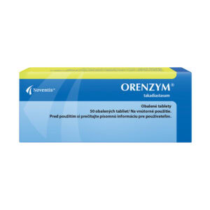 Modrá a žltá škatuľka s označením ORENZYM 50 tabliet, slovenským textom a logom Noventis vľavo, obsahuje 50 tabliet.