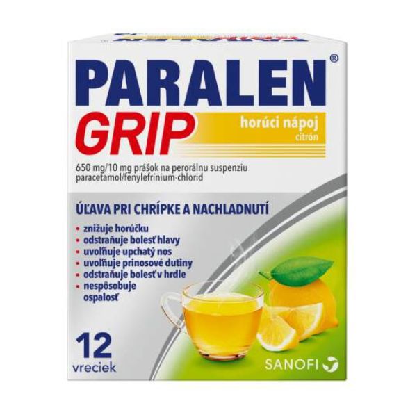 PARALEN GRIP horúci nápoj citrón 650mg/10mg, 12 vrecúšok, s vitamínom C a citrónovou príchuťou. Na obale je šálka čaju a plátok citróna.
