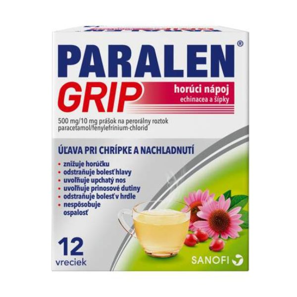 PARALEN GRIP horúci nápoj echinacea a šípky 500mg/10mg, 12 vrecúšok; balenie zobrazuje šálku čaju a kvety.