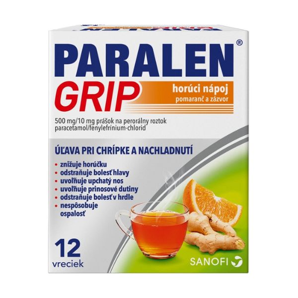 PARALEN GRIP horúci nápoj, 12 vrecúšok. Na obrázku je šálka čaju, plátky pomaranča a kúsok zázvoru.
