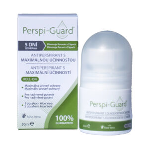 Fľaša Perspi-Guard ANTIPERSPIRANT S MAX ÚČINNOSŤOU roll-on 30 ml vedľa krabičky s popismi v slovenčine, aloe vera, 100% záruka.