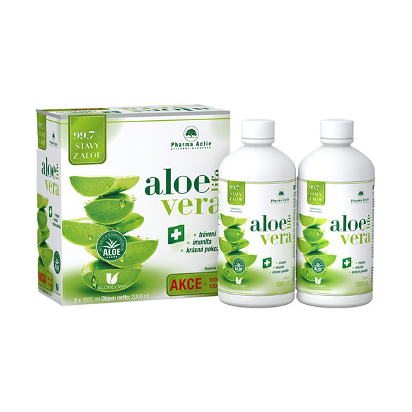 Pharma Activ AloeVeraLife NATURA 98,7% 2x1000ml_2 Krabica s dvoma fľašami Pharma Activ AloeVeraLife NATURA 98,7%, každá s objemom 1000 ml, zelená grafika aloe a popis produktu.