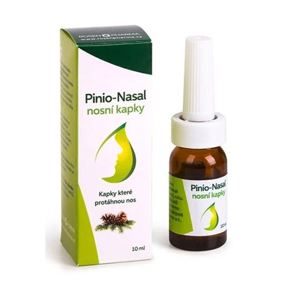 Pinio-Nasal nosné kvapky 10ml Fľaša Pinio-Nasal nosné kvapky 10 ml vedľa zeleno-bieleho obalu s českým popisom.