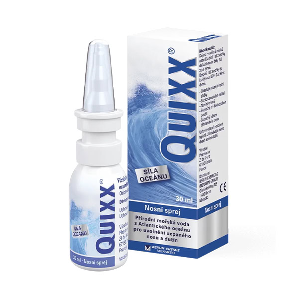QUIXX 30ml 30ml fľaša nosového spreja QUIXX v balení s modrou vlnovou grafikou a informáciami o produkte v češtine.