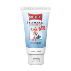 30ml tuba REPELENT BALLISTOL® od 2 mesiacov, telové mlieko proti komárom pre deti, maskot, nemecký text, modré pozadie.