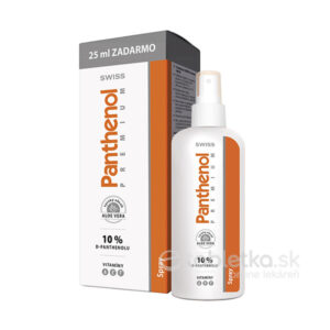 Biely a oranžový sprej SWISS Panthenol PREMIUM 150+25 ml zadarmo vedľa krabičky, na etikete 10 % D-pantenolu, aloe vera a vitamíny.