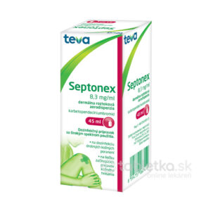 Krabička Septonex sprej 45 ml od Teva, zeleno-biele balenie so slovenským textom s informáciou o dezinfekčných vlastnostiach.