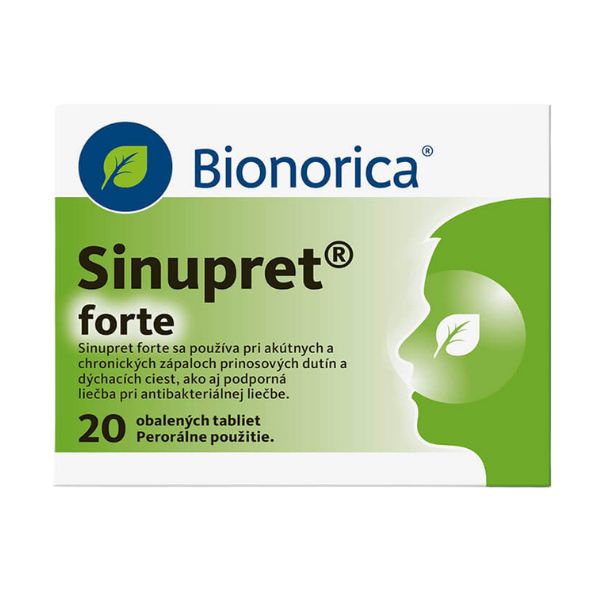 Balenie Sinupret forte 20 tabliet, rastlinný liek na dutiny, názov a informácie v slovenčine, zelená silueta s listom.