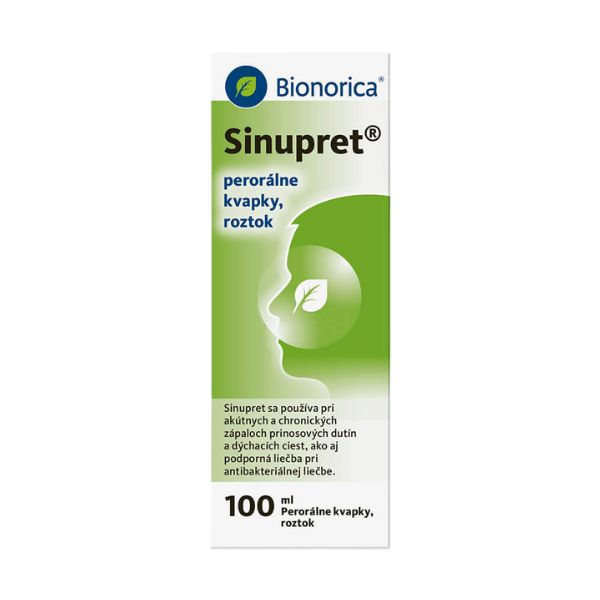 Sinupret kvapky 100 ml - škatuľa v zeleno-bielom dizajne, slovenský text o použití na nosové a dýchacie ťažkosti.
