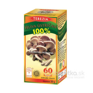Balenie TEREZIA Hliva Ustricovitá 60 kapsúl, výživový doplnok zo 100 % hlivy s farebnými obrázkami húb na obale.