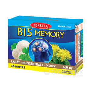 Balenie TEREZIA B15 Memory 60 kapsúl so zobrazením karfiolu, listov a hlavy s mozgom, uvedená dávka 600 mg.