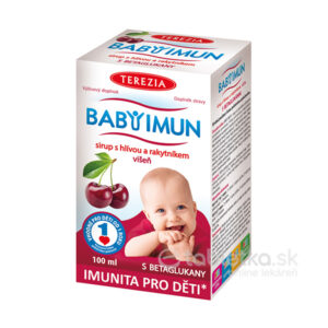 Balenie Terezia BABY IMUN sirupu s hlivou, rakytníkom a čerešňovou príchuťou, 100 ml. Na obale foto dieťaťa, info v češtine.