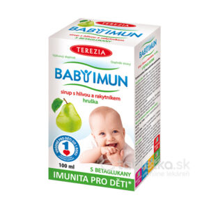 100ml balenie TEREZIA BABY IMUN sirupu s hlivou, rakytníkom a hruškovou príchuťou, dieťa, hruška, popis v slovenčine.