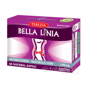 Balenie TEREZIA BELLA LINIA 60 kapsúl so zobrazenou postavou, text uvádza 60 kapsúl na podporu metabolizmu a kontroly hmotnosti.