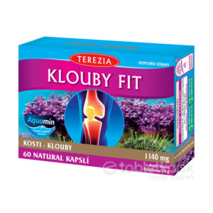 Balenie TEREZIA KĹBY FIT 60 kapsúl s prírodnými zložkami, fialové kvety a grafika kolenného kĺbu na obale.